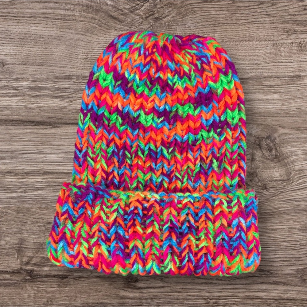 Chunky Ribbed Knit Toboggan Dark Neon Beanie Folded Brim Hat - Picture 9 of 17